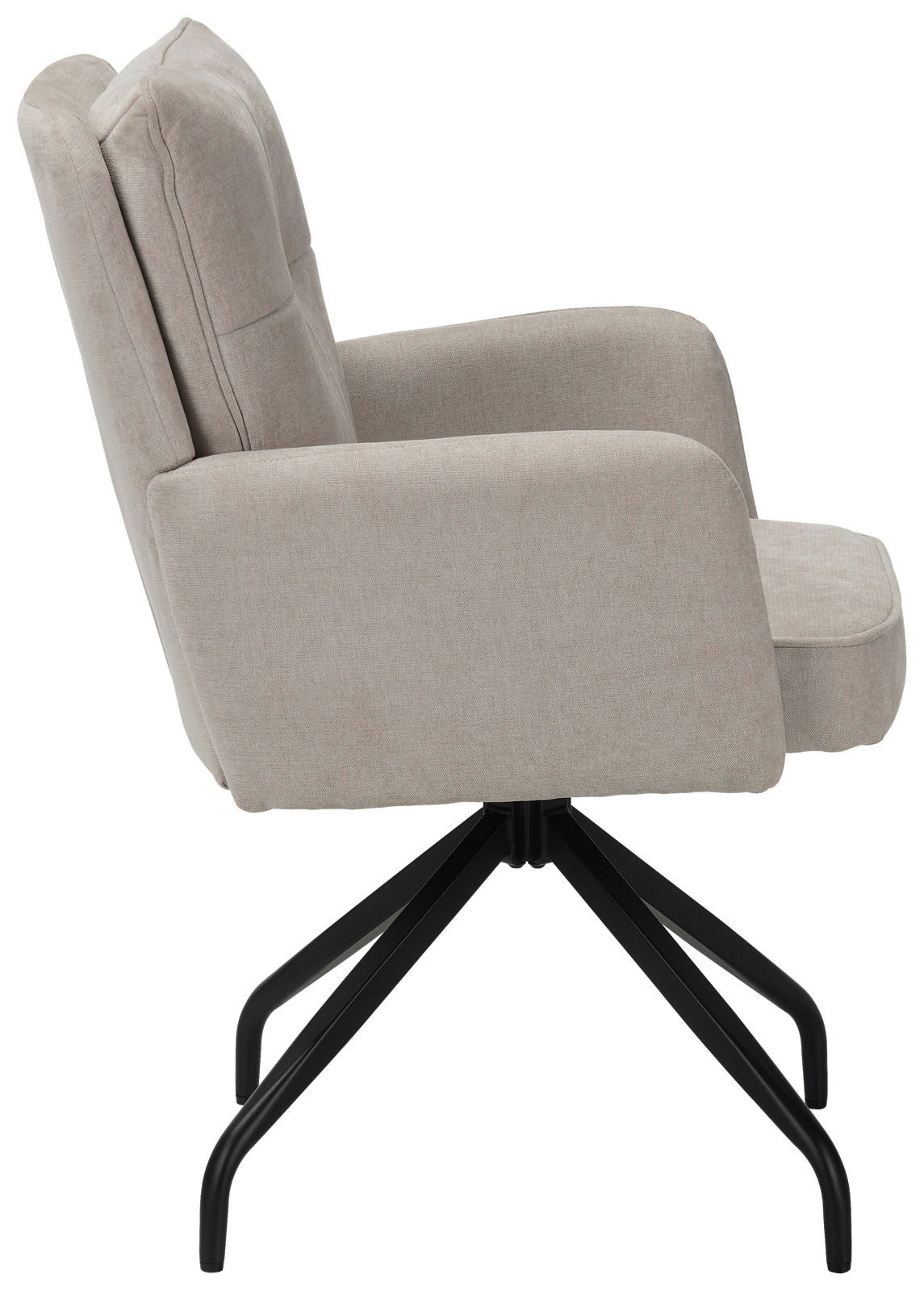 Seitenansicht eines beigen Schwingstuhls mit schwarzem Metallgestell