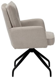 Zijaanzicht van een beige schommelstoel met een zwart metalen frame