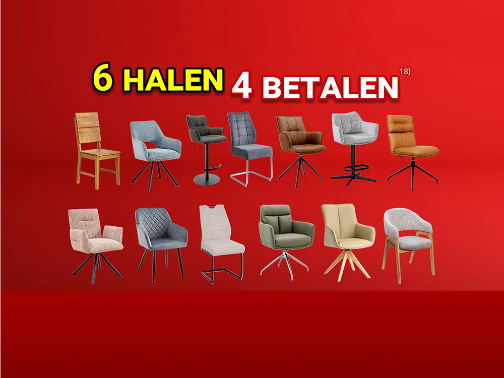 Rode achtergrond met twaalf verschillende stoelen en de tekst ‘NEEM 6, BETAAL 4’.