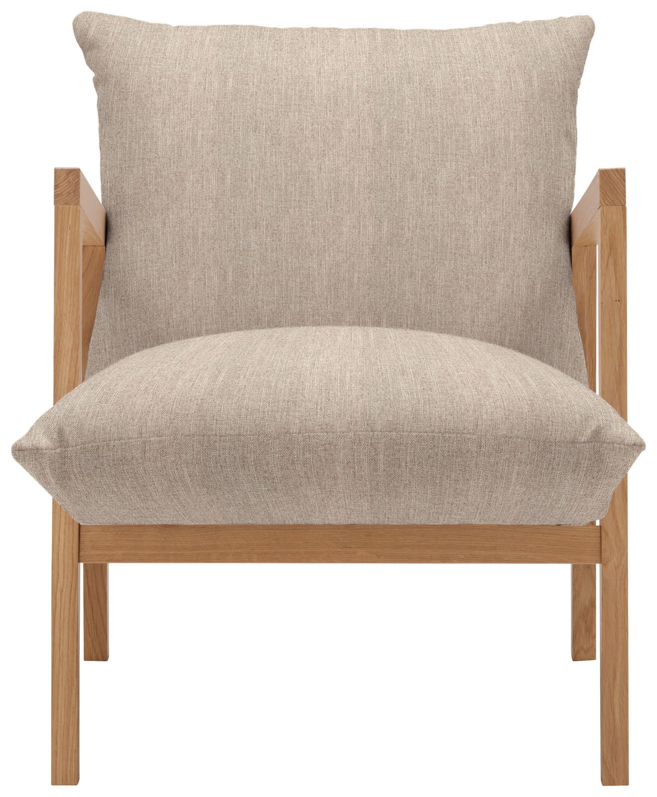 Frontansicht eines Sessels mit hellem Stoffbezug und Holzrahmen.