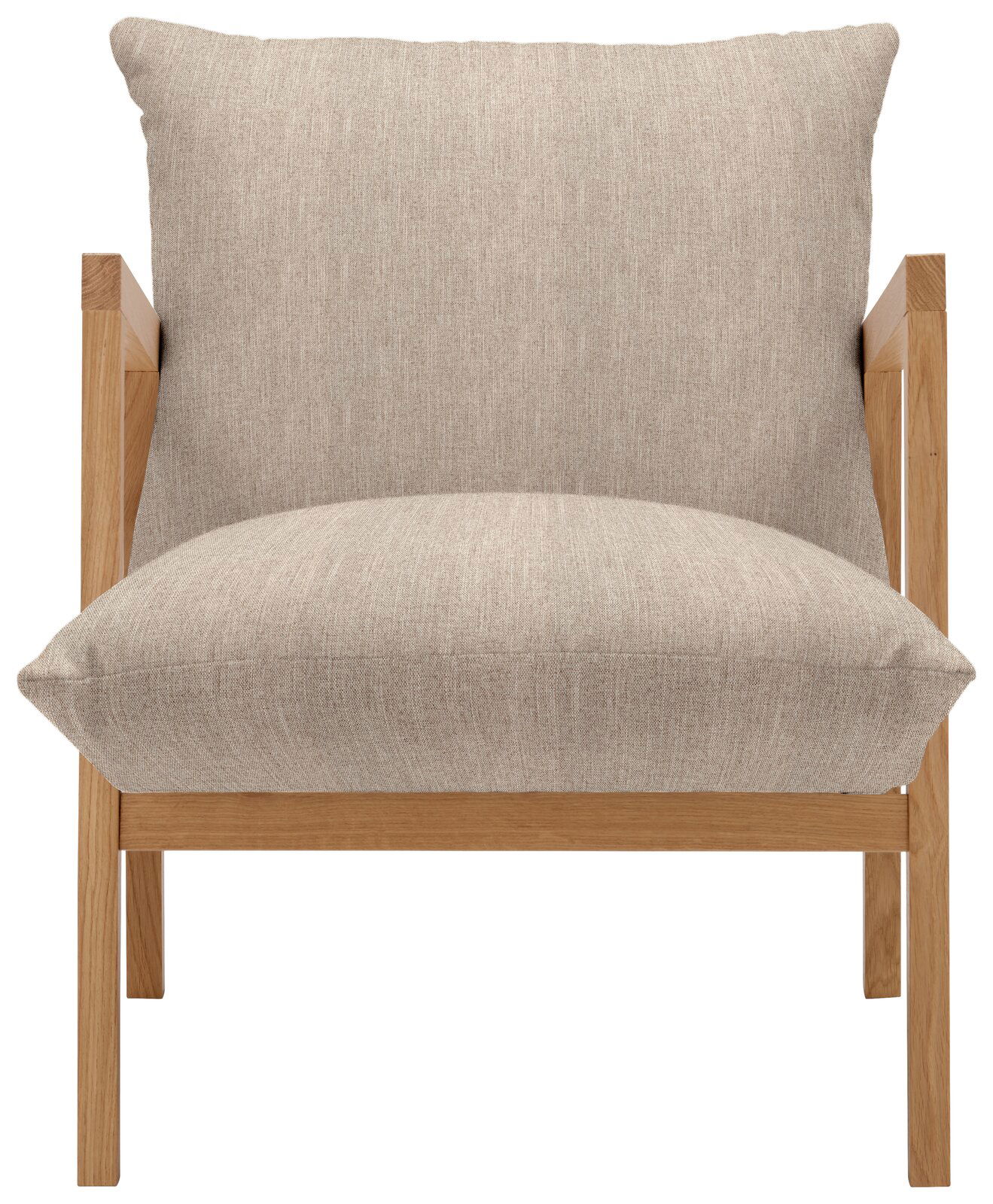 Frontansicht eines Sessels mit hellem Stoffbezug und Holzrahmen.