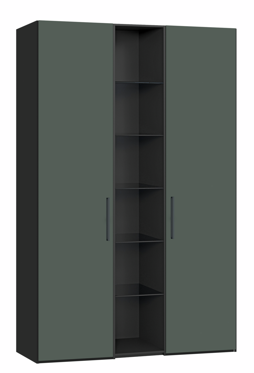 Jutzler Drehtürenschrank 2-trg. JUTZLER Moderner Drehtürenschrank mit zwei Türen in dunklem Grün, mittig offene Regalfächer, Frontalansicht.
