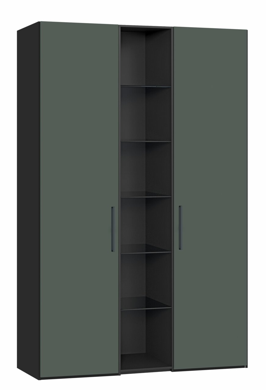 Moderner Drehtürenschrank mit zwei Türen in dunklem Grün, mittig offene Regalfächer, Frontalansicht.