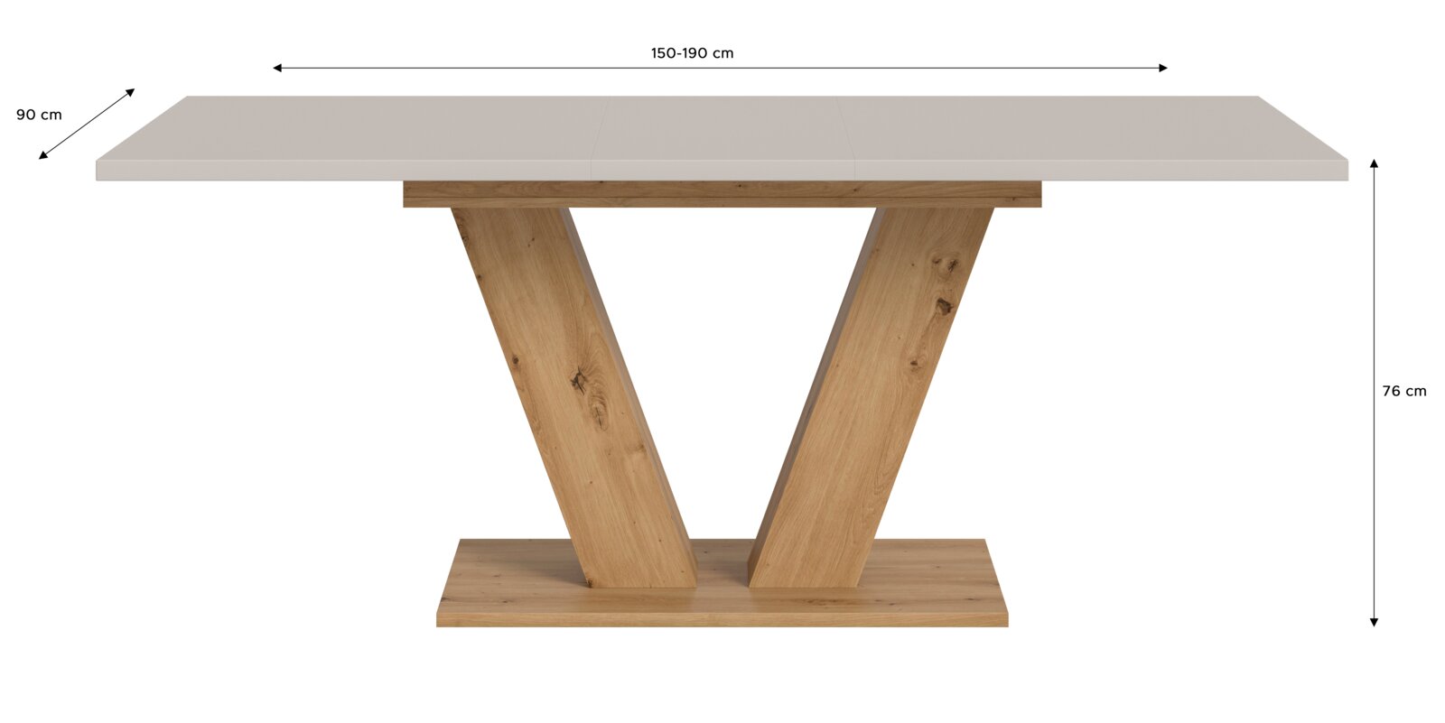 Ausziehbarer Esstisch mit weißer Tischplatte und V-förmigem Holzgestell, Maße 150–190 x 90 cm, Höhe 76 cm, Frontansicht.