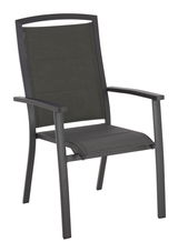 Moderner Stapelsessel aus Metall mit schwarzem Netzgewebe, seitliche Perspektive