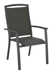 Moderner Stapelsessel aus Metall mit schwarzem Netzgewebe, seitliche Perspektive