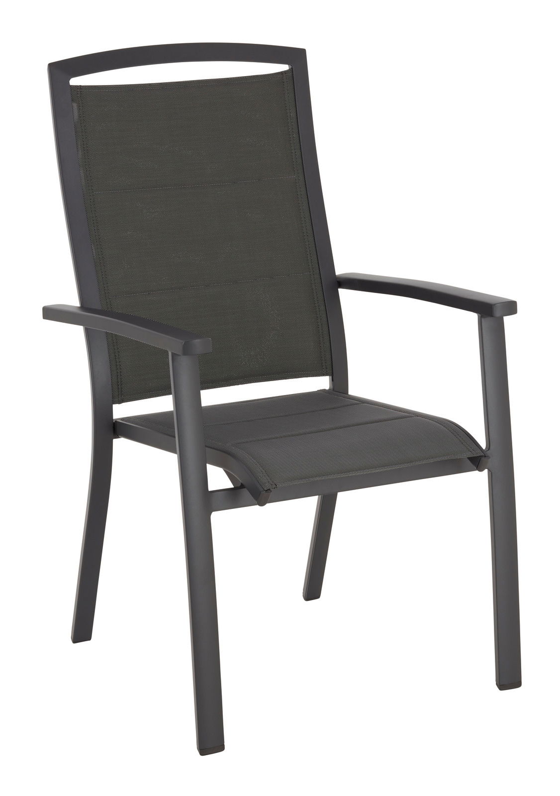 Ambia Garden Stapelsessel AZURRO Moderner Stapelsessel aus Metall mit schwarzem Netzgewebe, seitliche Perspektive