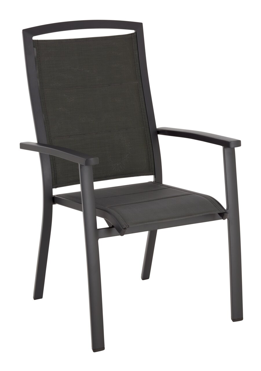 Ambia Garden Stapelsessel AZURRO Moderner Stapelsessel aus Metall mit schwarzem Netzgewebe, seitliche Perspektive