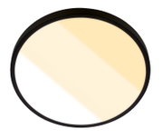 Ronde plafondlamp met zwarte rand en matte, warmwitte diffuser, frontaal van onderen gefotografeerd op witte achtergrond