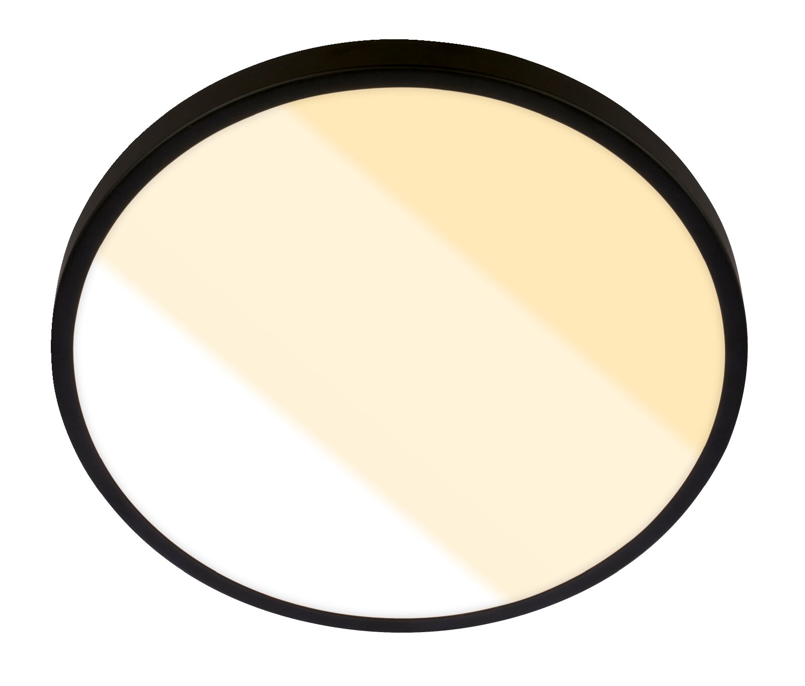 Ronde plafondlamp met zwarte rand en matte, warmwitte diffuser, frontaal van onderen gefotografeerd op witte achtergrond