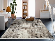 Designer Teppich in modernem Wohnzimmer mit Kaktus und Bücherregal, aus der Perspektive des Raumes fotografiert.
