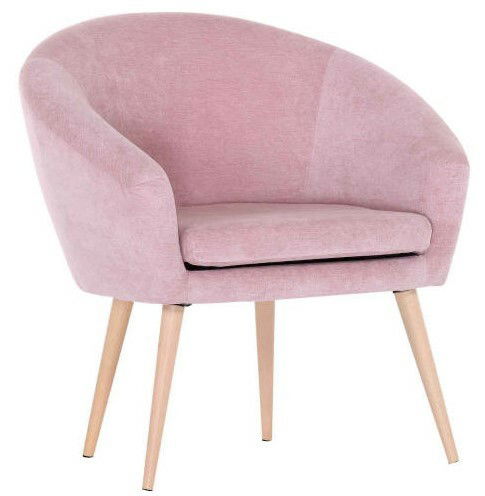 Rosa Sessel mit runden Armlehnen und hellen Holzbeinen, seitliche Perspektive