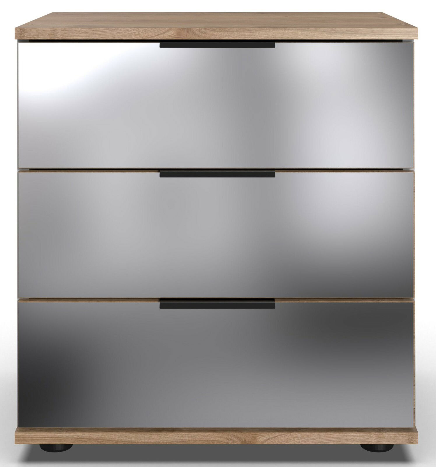 Z2 Nachtkommode SAIGON Moderne Nachtkommode mit drei spiegelnden Schubladen, frontal betrachtet.
