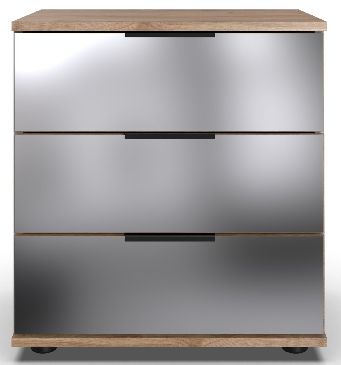 Moderne Nachtkommode mit drei spiegelnden Schubladen, frontal betrachtet.