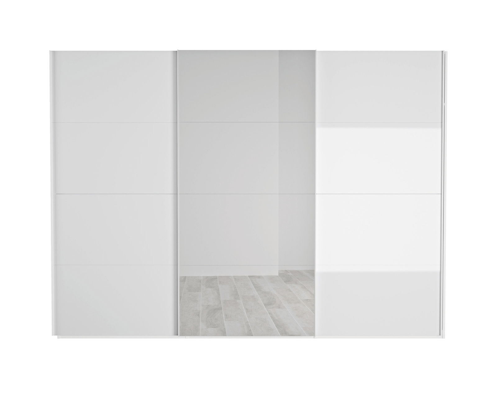 Moderner weißer Schwebetürenschrank mit Spiegel in Frontalansicht