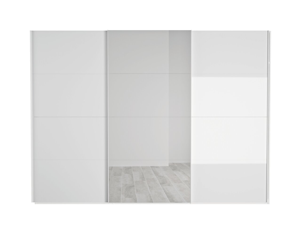 Moderner weißer Schwebetürenschrank mit Spiegel in Frontalansicht