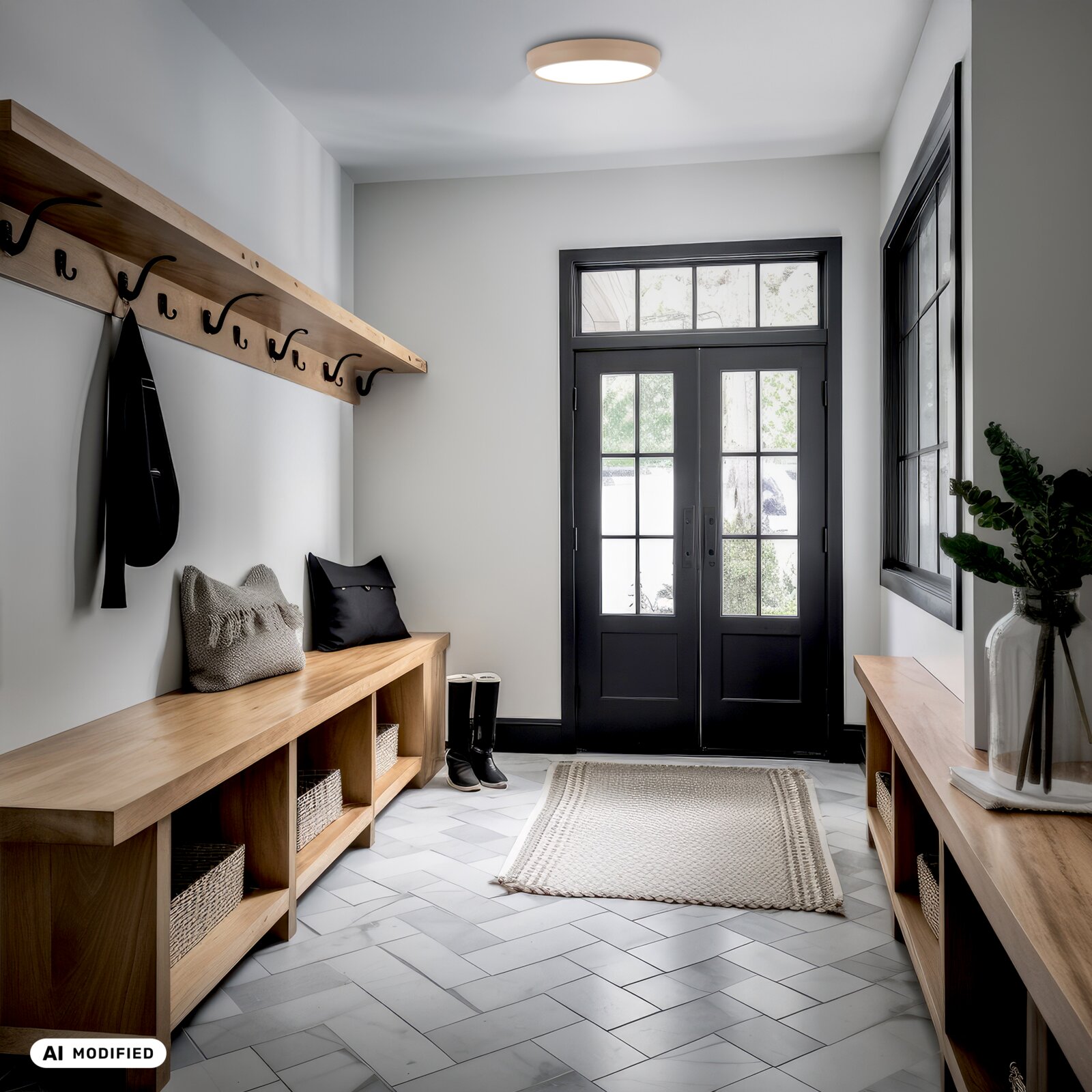 Moderne hal met zwarte dubbele voordeur met glas, houten kapstok met haken en houten bankjes met manden, gefotografeerd in frontaal perspectief vanaf ooghoogte