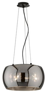 Moderne Pendelleuchte Dima mit glänzendem, rauchgrauem Glasschirm, seitliche Perspektive