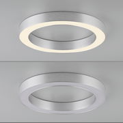 Moderne LED-Deckenleuchte in runder Form, silbernes Gehäuse, von unten betrachtet, mit und ohne Beleuchtung.