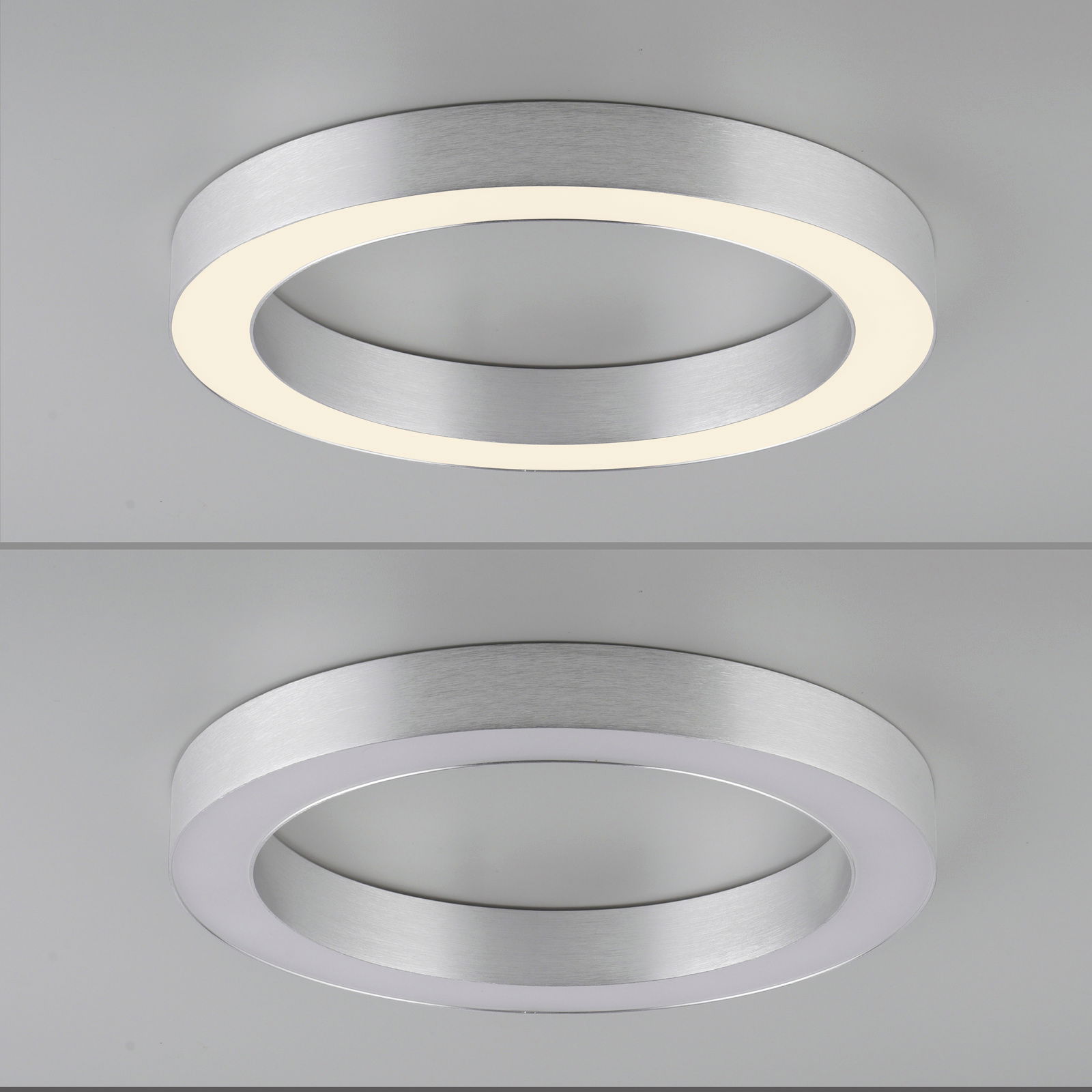 Moderne LED-Deckenleuchte in runder Form, silbernes Gehäuse, von unten betrachtet, mit und ohne Beleuchtung.