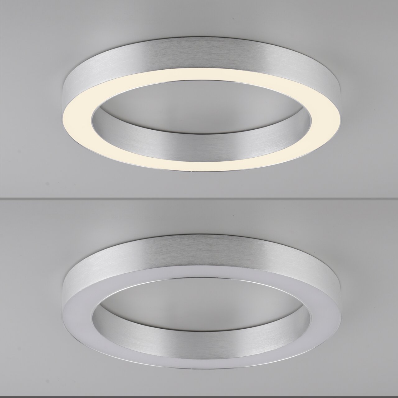 Moderne LED-Deckenleuchte in runder Form, silbernes Gehäuse, von unten betrachtet, mit und ohne Beleuchtung.