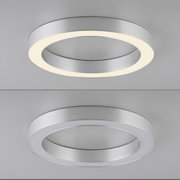Moderne LED-Deckenleuchte in runder Form, silbernes Gehäuse, von unten betrachtet, mit und ohne Beleuchtung.
