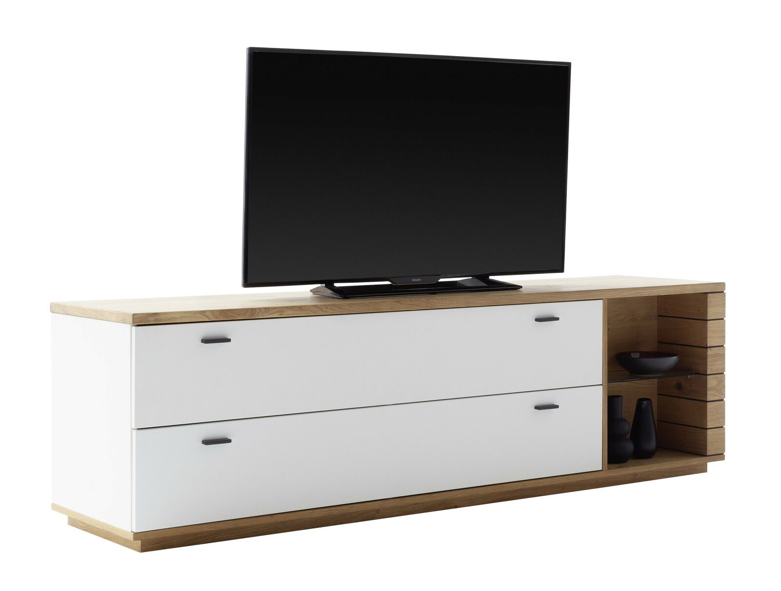 TV-Lowboard MANITOBA in moderner Holz- und Weißoptik, seitliche Perspektive mit zwei Schubladen und offenen Regalfächern.