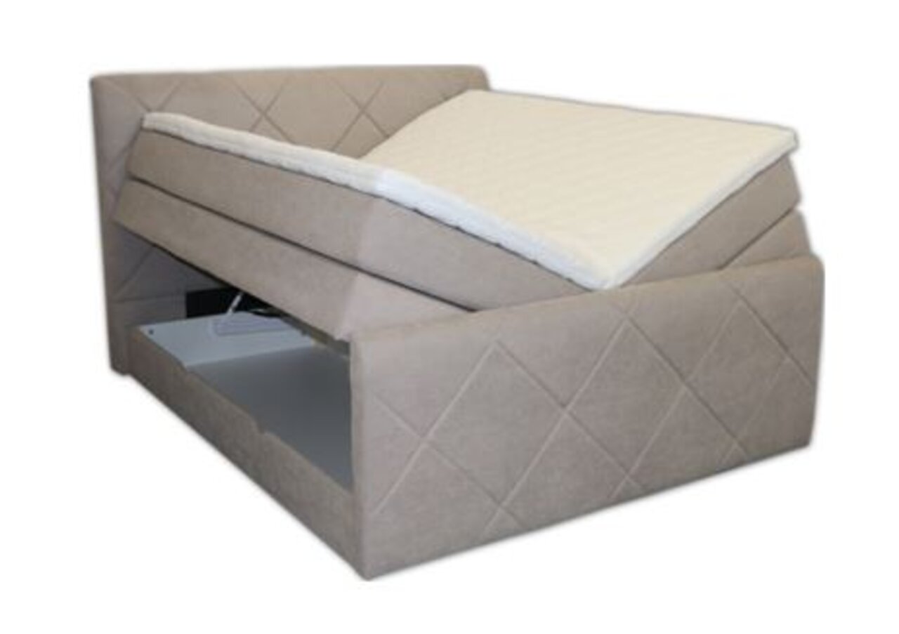 Boxspringbett SILVIA in seitlicher Perspektive mit geöffnetem Bettkasten und beigem Polsterbezug