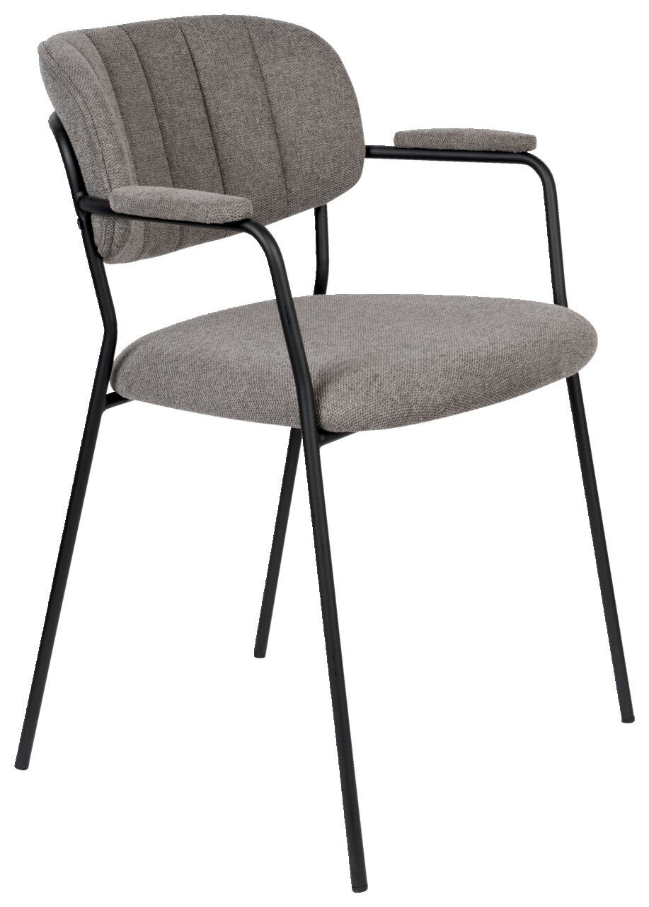 Grauer Armlehnenstuhl mit schwarzem Metallgestell, seitliche Perspektive