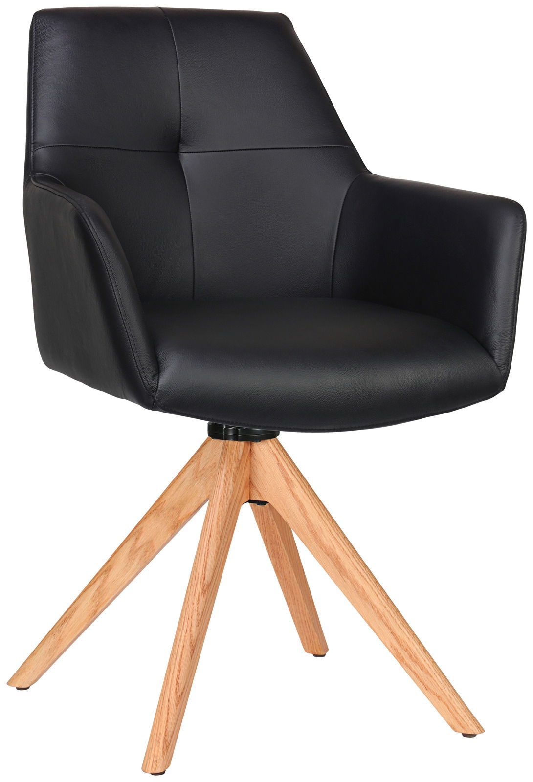 Novel Armlehnstuhl MEDUSA Schwarzer Armlehnstuhl mit gepolsterter Sitzfläche und Rückenlehne, auf einem vierbeinigen Holzgestell, seitliche Perspektive