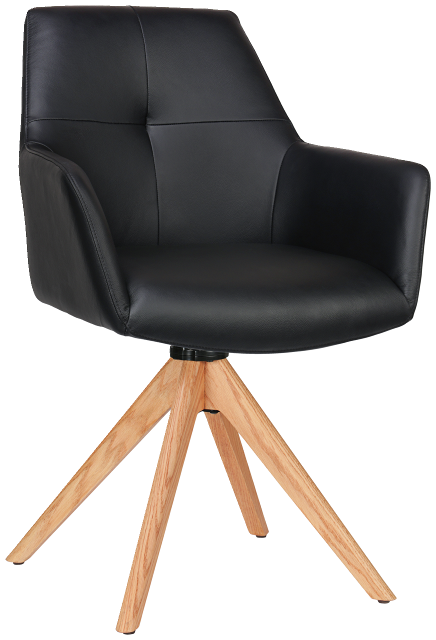 Novel Armlehnstuhl MEDUSA Schwarzer Armlehnstuhl mit gepolsterter Sitzfläche und Rückenlehne, auf einem vierbeinigen Holzgestell, seitliche Perspektive