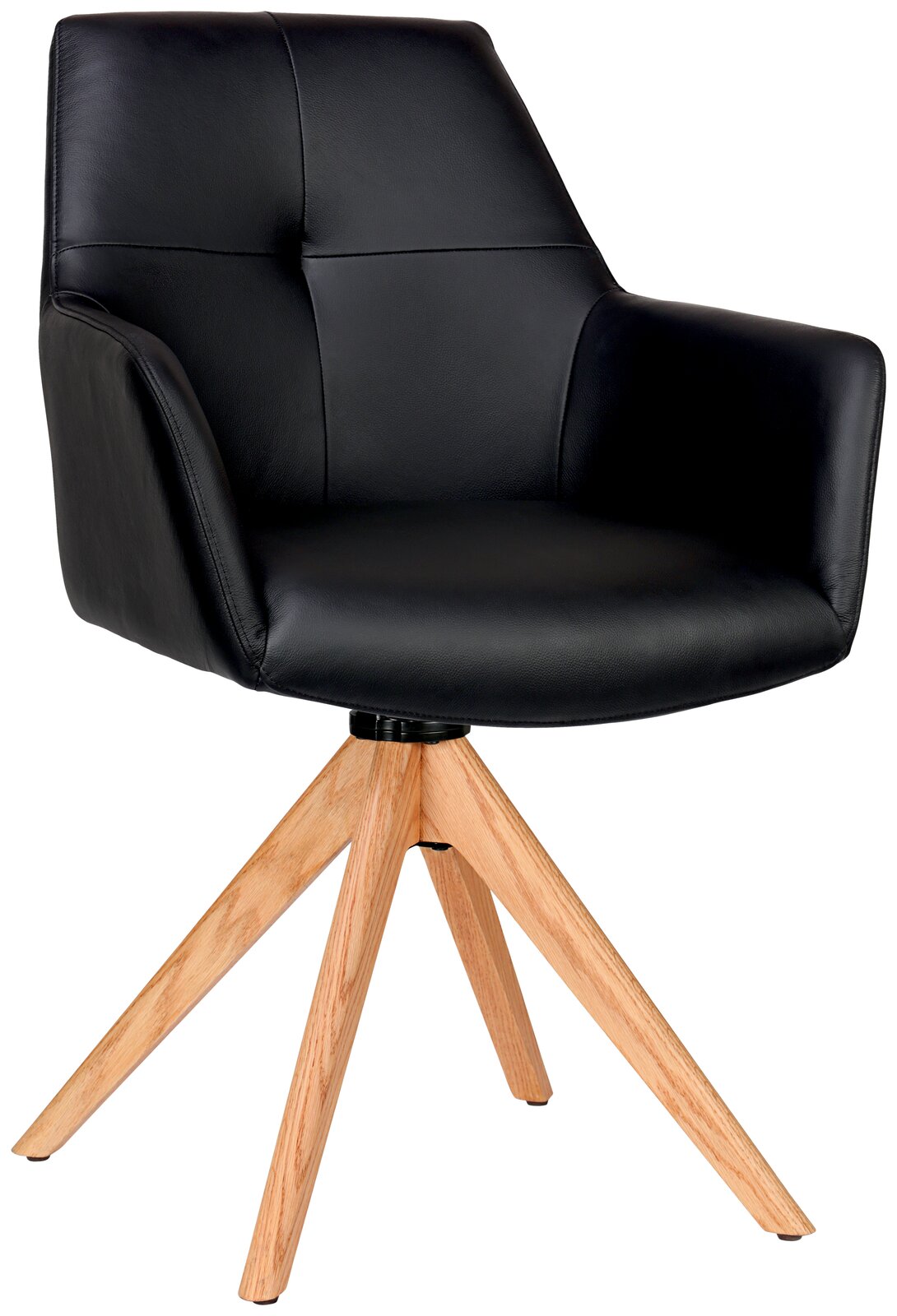 Novel Armlehnstuhl MEDUSA Schwarzer Armlehnstuhl mit gepolsterter Sitzfläche und Rückenlehne, auf einem vierbeinigen Holzgestell, seitliche Perspektive