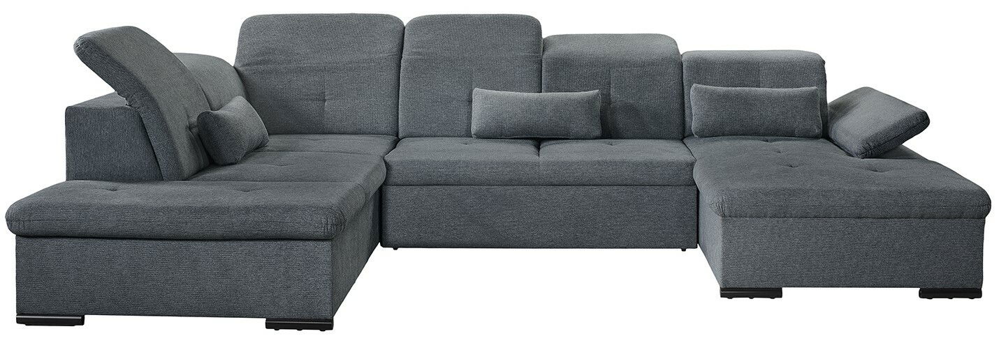 Graues Ecksofa in U-Form mit verstellbaren Kopfstützen und Kissen, Vorderansicht