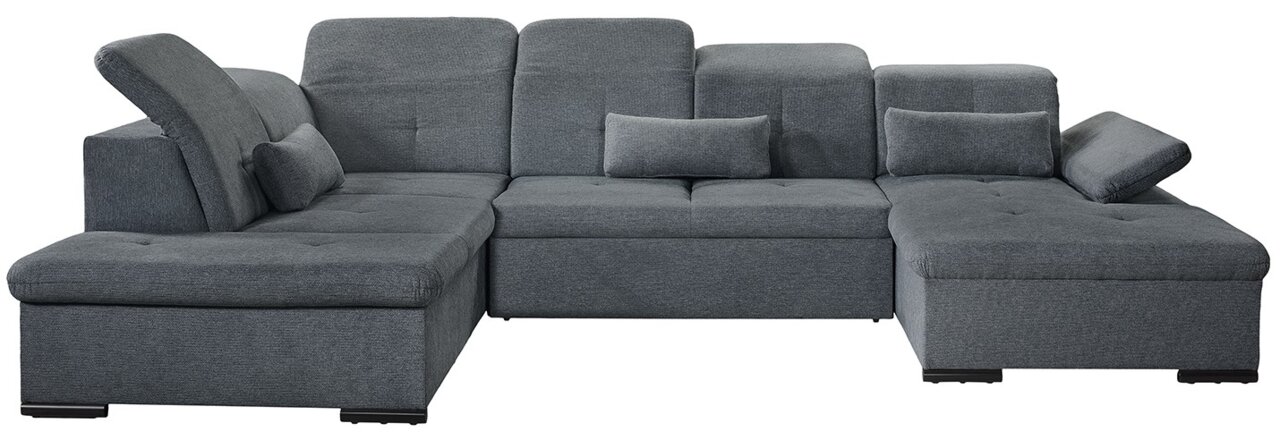Graues Ecksofa in U-Form mit verstellbaren Kopfstützen und Kissen, Vorderansicht
