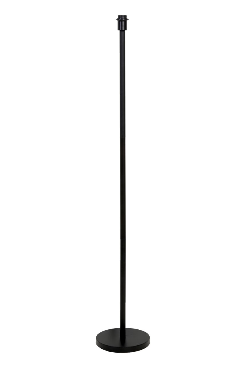 Zwarte staande lamp met ronde voet, gezien van voren.