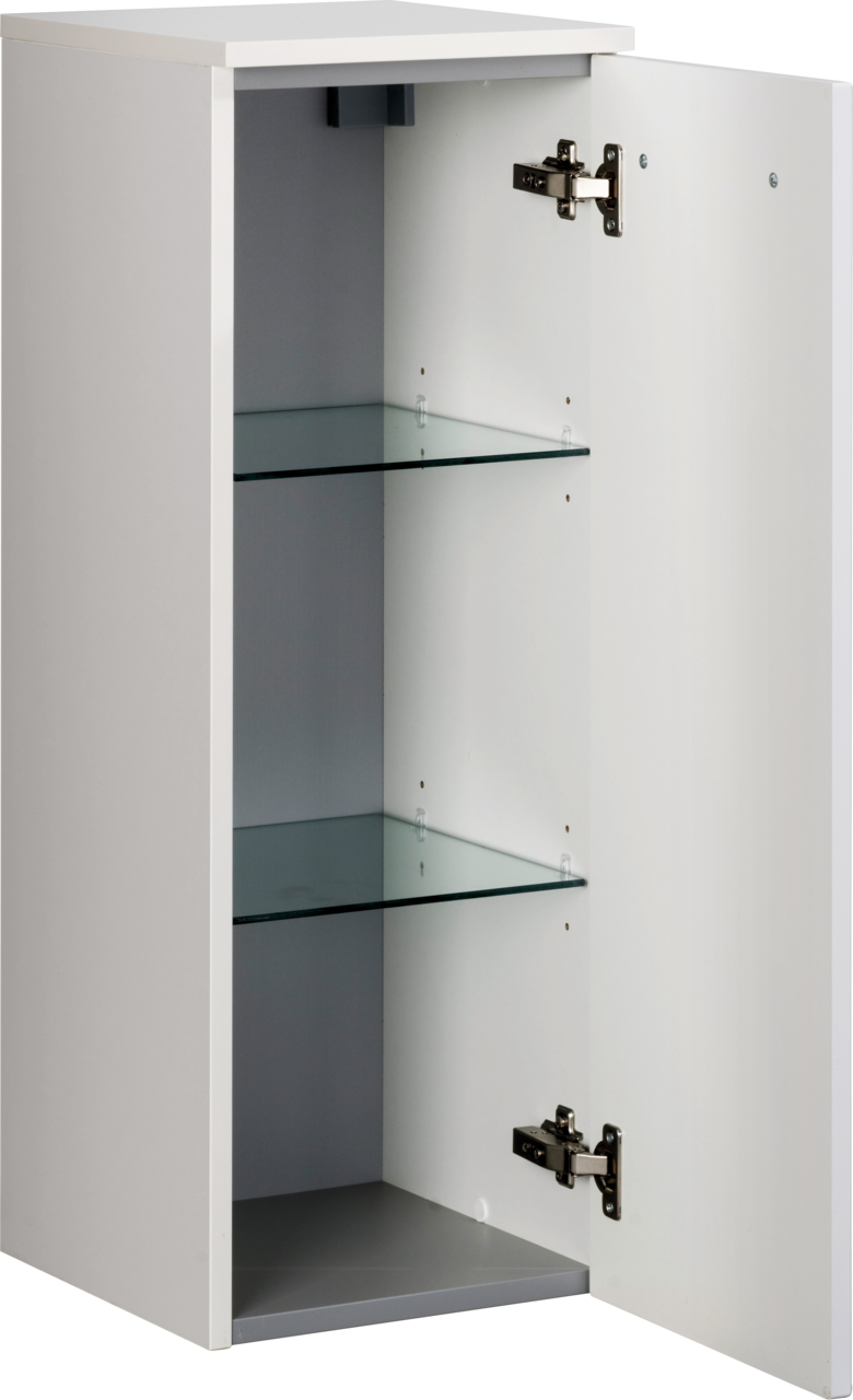 Voleo Midischrank LARA Weißer Midischrank mit geöffneter Tür, zwei Glaseinlegeböden und seitlicher Perspektive.