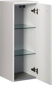 Weißer Midischrank mit geöffneter Tür, zwei Glaseinlegeböden und seitlicher Perspektive.