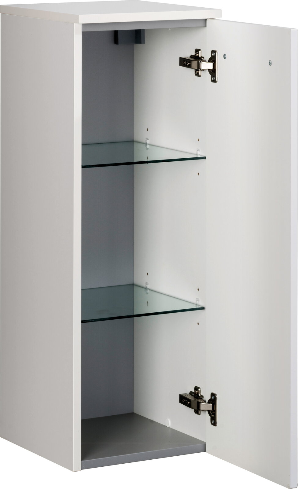 Weißer Midischrank mit geöffneter Tür, zwei Glaseinlegeböden und seitlicher Perspektive.