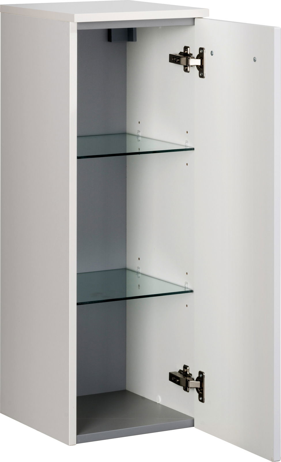 Weißer Midischrank mit geöffneter Tür, zwei Glaseinlegeböden und seitlicher Perspektive.