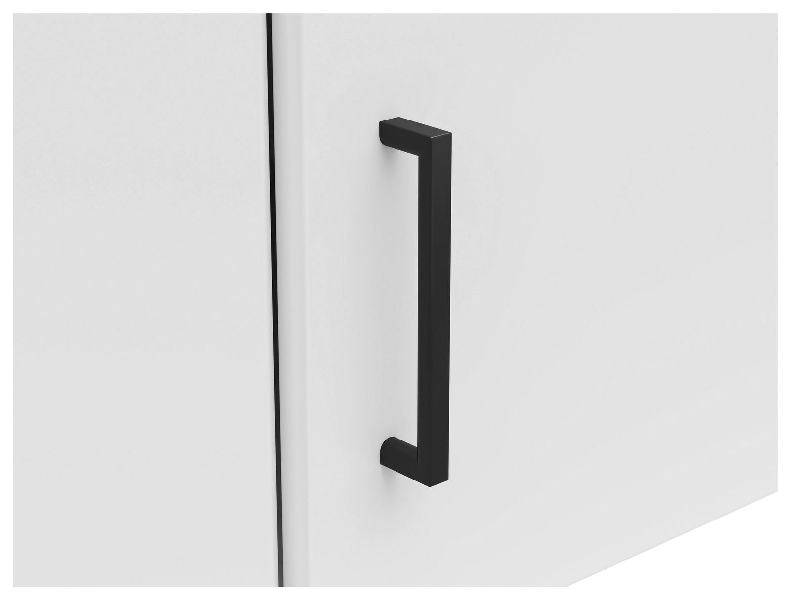 Nahaufnahme eines weißen Eckaufsatzschranks mit schwarzem Griff, seitliche Perspektive