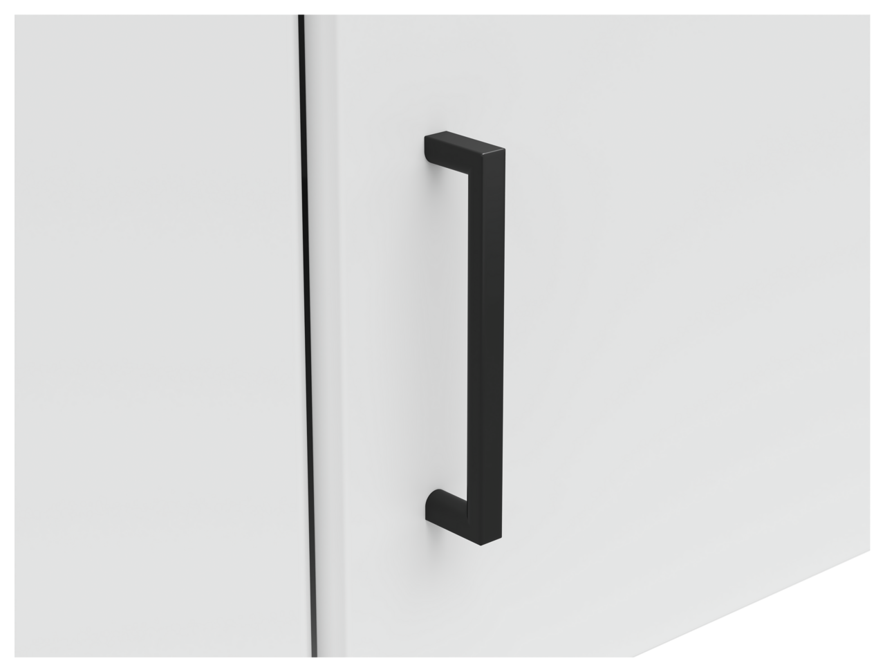 Nahaufnahme eines weißen Eckaufsatzschranks mit schwarzem Griff, seitliche Perspektive