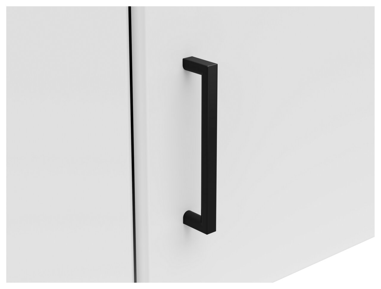 Nahaufnahme eines weißen Eckaufsatzschranks mit schwarzem Griff, seitliche Perspektive