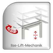 Beistelltisch mit Ilse-Lift-Mechanik, verstellbar in der Höhe und um 180 Grad drehbar, seitliche Perspektive