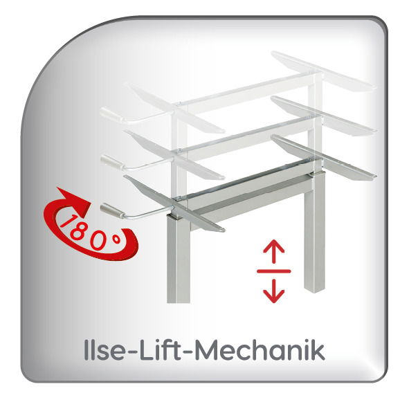 Beistelltisch mit Ilse-Lift-Mechanik, verstellbar in der Höhe und um 180 Grad drehbar, seitliche Perspektive