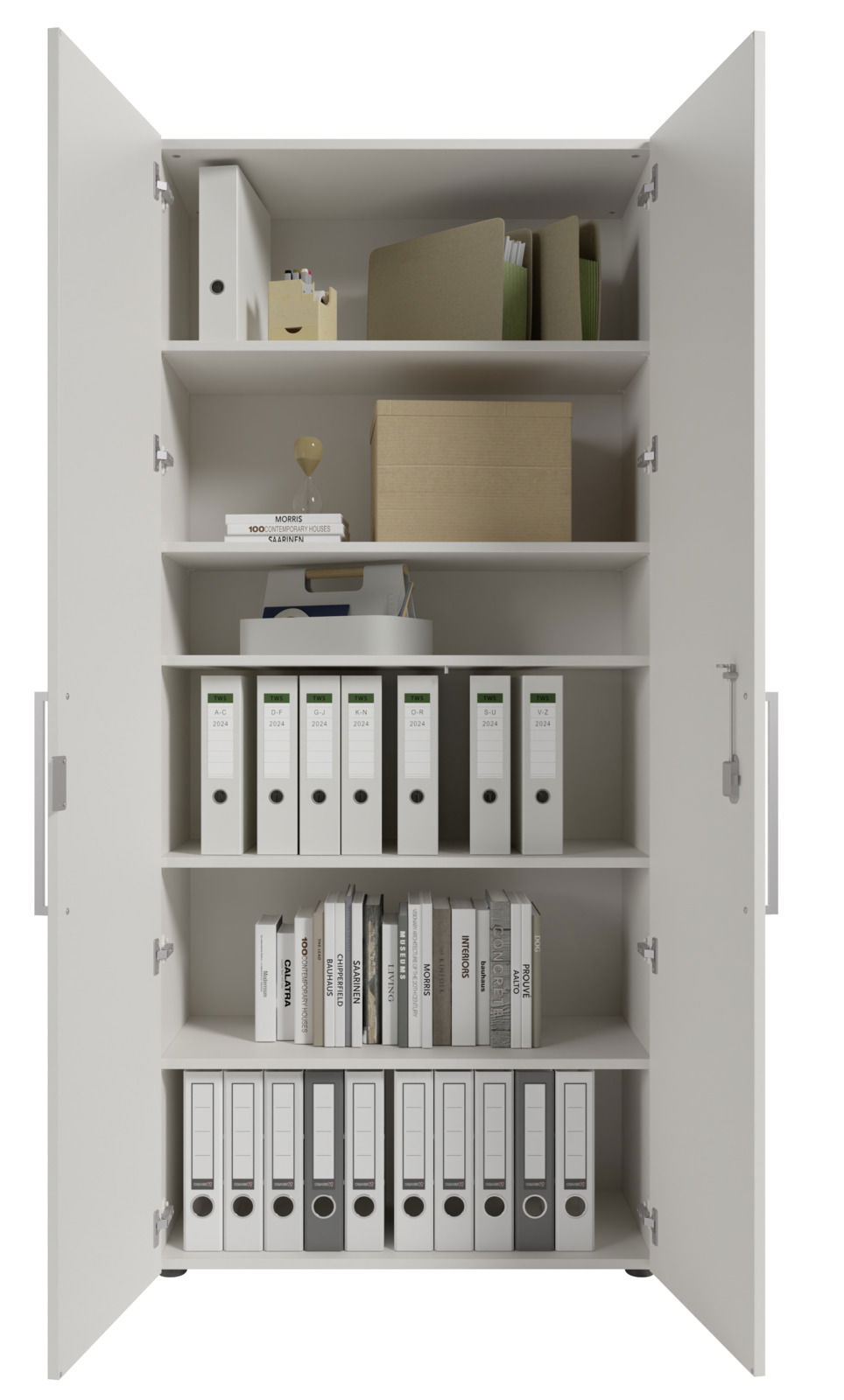 Aktenschrank mit zwei geöffneten Türen, gefüllt mit Ordnern und Büchern, frontal betrachtet.