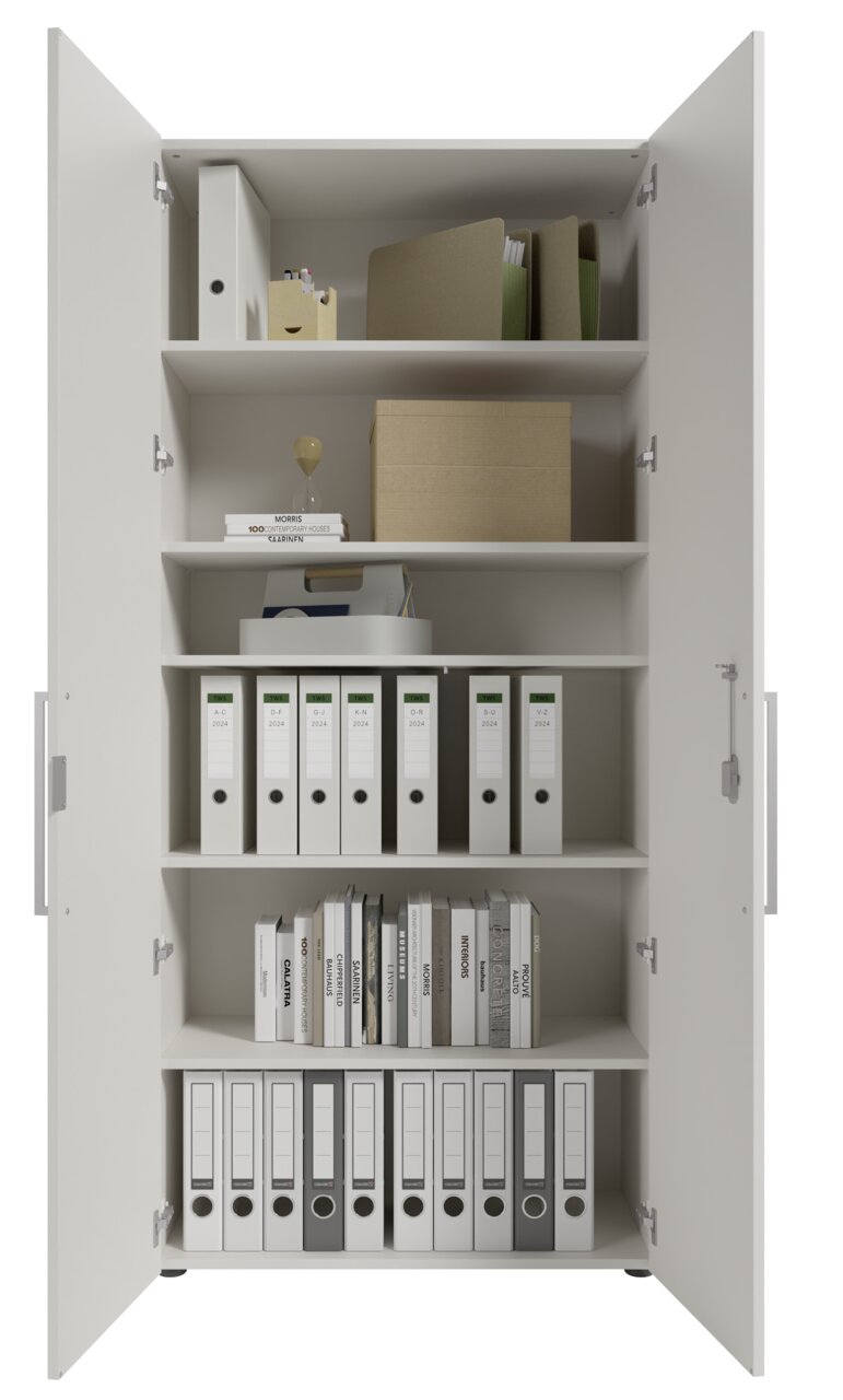 Aktenschrank mit zwei geöffneten Türen, gefüllt mit Ordnern und Büchern, frontal betrachtet.