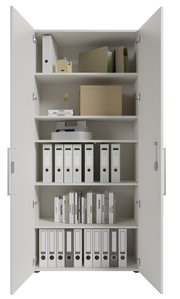 Aktenschrank mit zwei geöffneten Türen, gefüllt mit Ordnern und Büchern, frontal betrachtet.