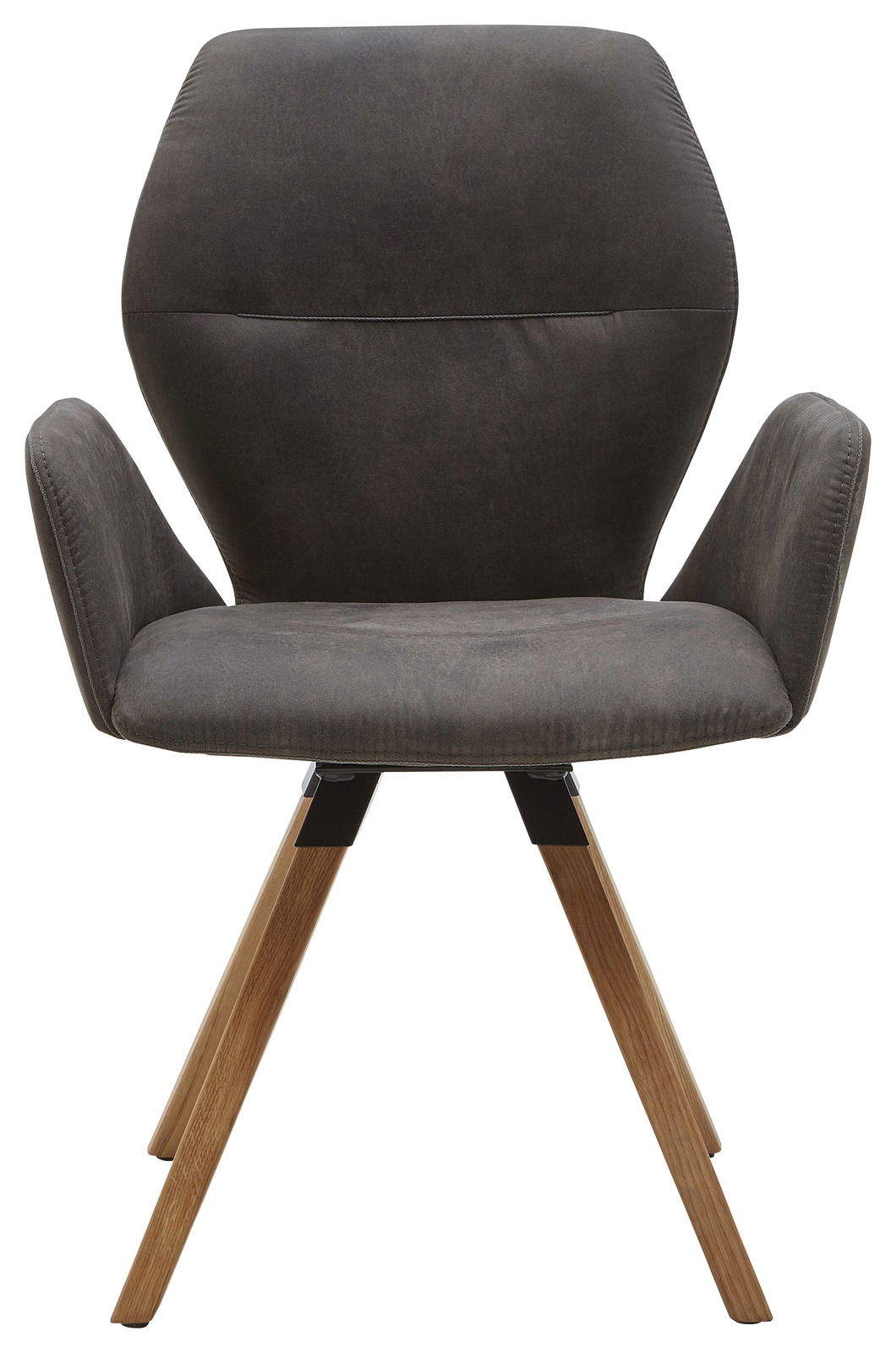 Vorderansicht eines modernen Armlehnenstuhls mit grauem Polster und Holzbeinen.