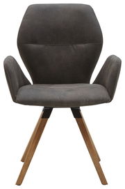 Vorderansicht eines modernen Armlehnenstuhls mit grauem Polster und Holzbeinen.