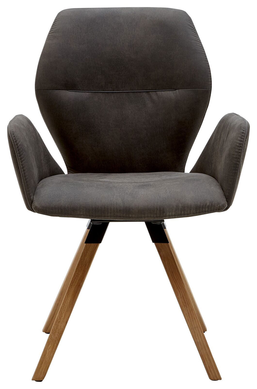 Vorderansicht eines modernen Armlehnenstuhls mit grauem Polster und Holzbeinen.